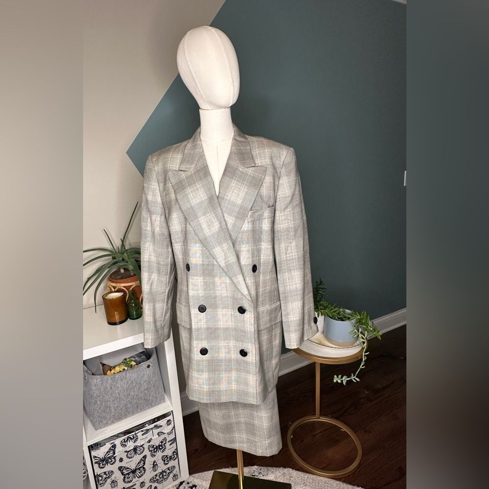 Vintage Escada Margaretha Ley Glen Plaid Wool Blazer Skirt Suit Set Size 12